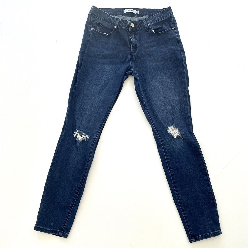 JustFab Women's 29 Blue Tapered Jeans Dark Wash Distressed Stretch Denim Cotton